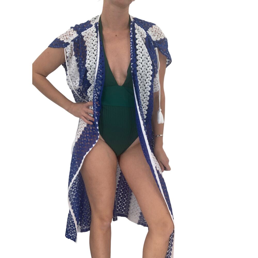 FORTUNE Swimwear Cover Up One Size Ruched Shoulder Midi Kimono Blue - Picture 7 of 7